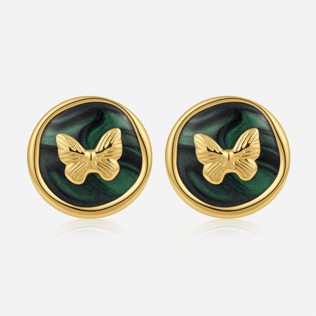 Dark Green Marbled Butterfly Earrings - Gold Plated Stainless Steel Studs
