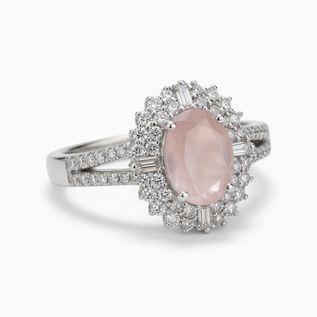 Alaya Luxury Rose Quartz Oval Ring - Premium Zirconia & Stainless Steel