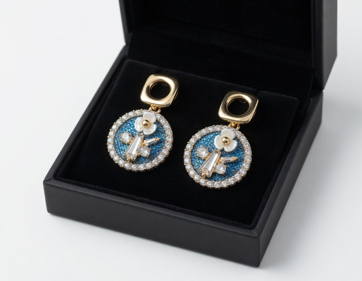Gold Angel Blue Crystal Pearl Dangle Earrings for Women | Angel Statement Jewelry