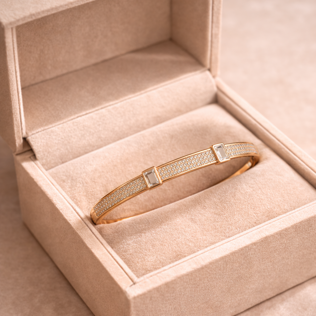 Alaya Luxury Baguette Stone Bangle - 18K Gold Plated Stainless Steel (Anti-Tarnish)
