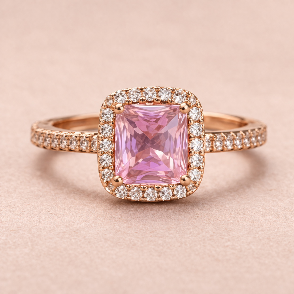 Rose Gold Halo Pink Stone Ring