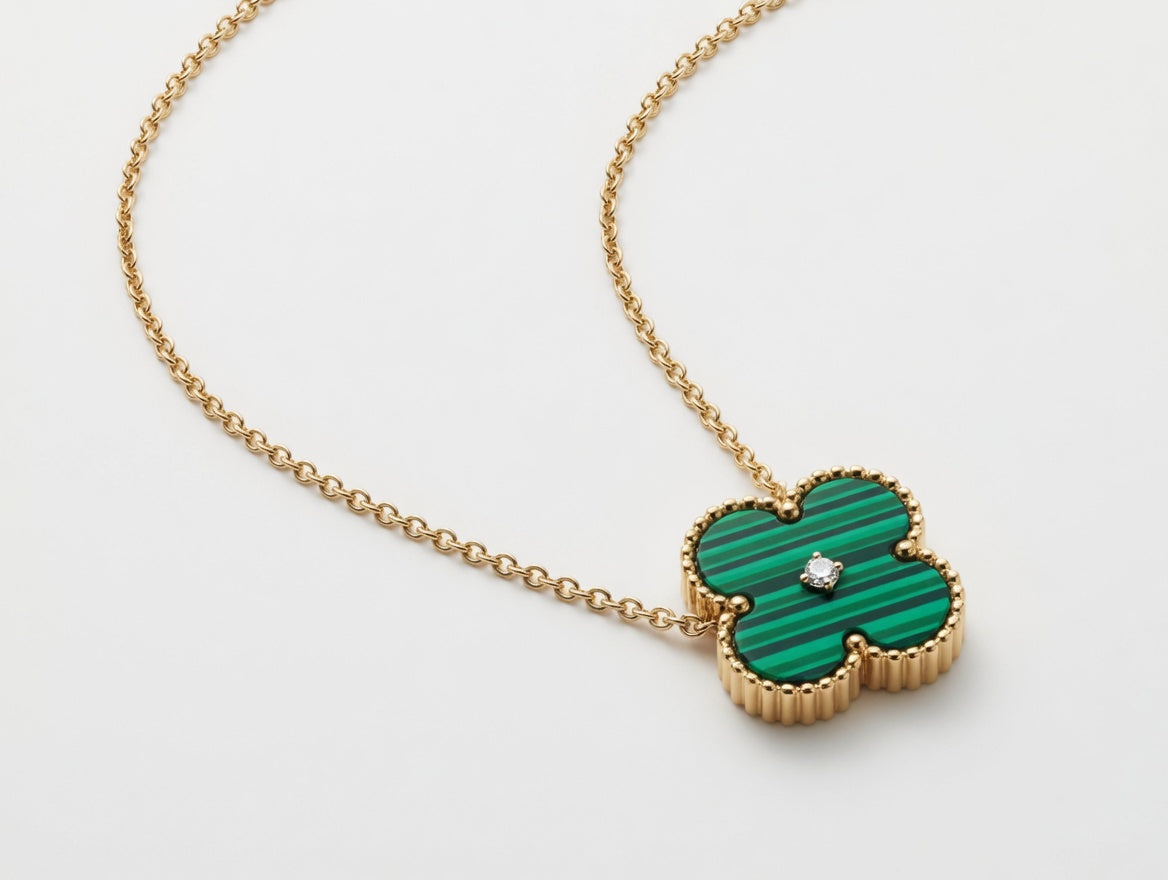 Gold Green Clover Necklace for Women | Four Leaf Clover Pendant with Crystal | Lucky Charm Necklace
