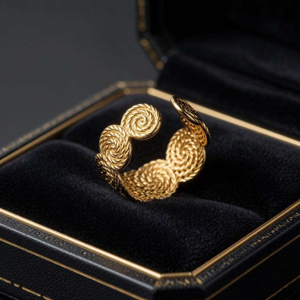 Gold Spiral Textured Statement Ring for Women | Woven Band with Double Swirl Discs | Adjustable Gold Ring