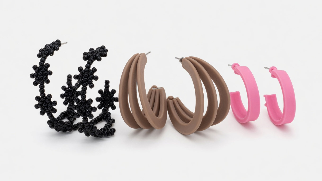 Black Flower Beaded Hoop + Beige Pink Spiral Hoop Earrings Set for Women | Trendy 3-Pair Combo