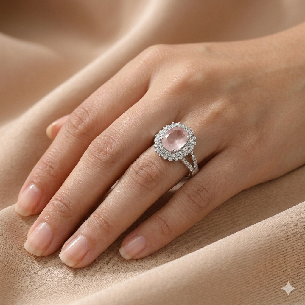 Alaya Luxury Rose Quartz Oval Ring - Premium Zirconia & Stainless Steel