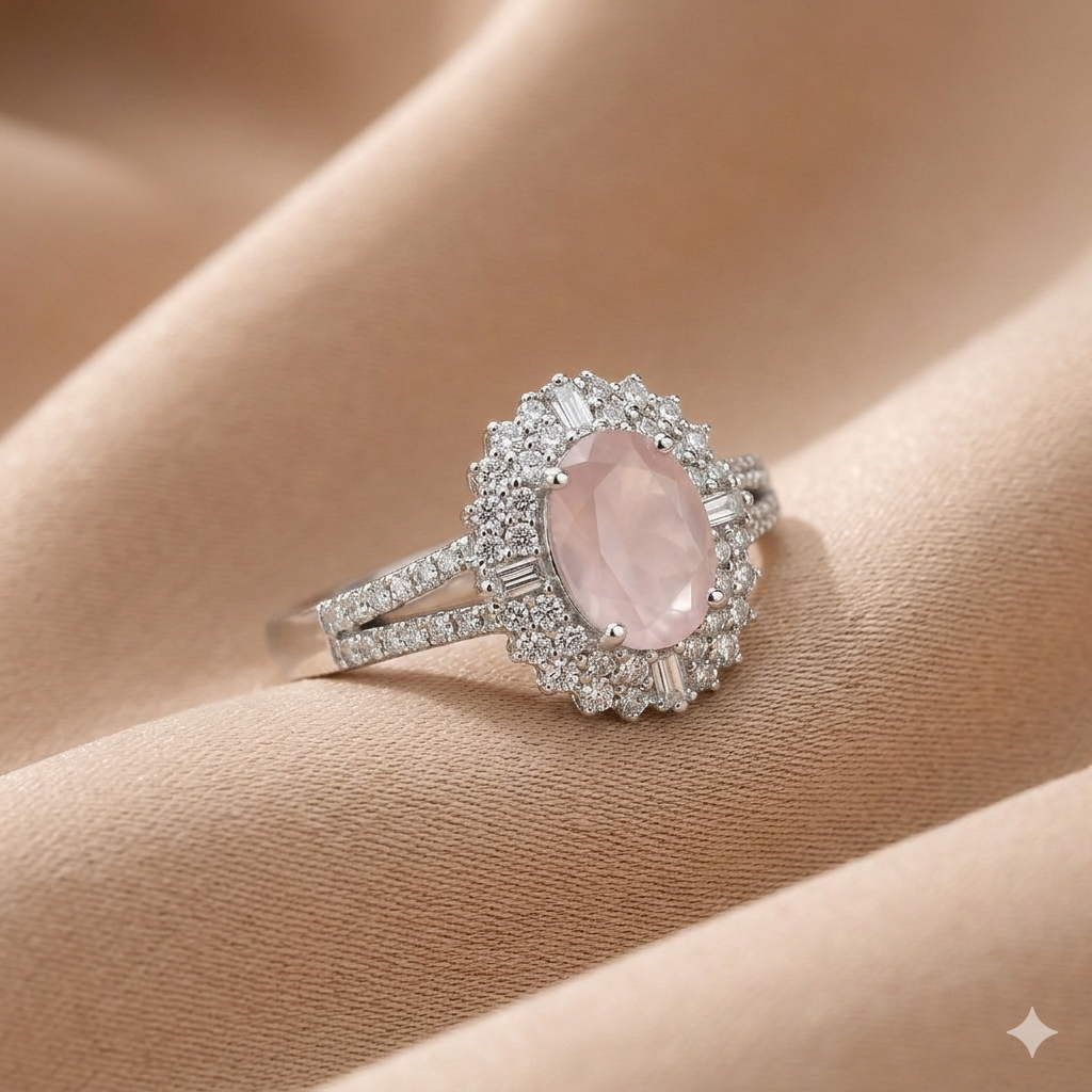 Alaya Luxury Rose Quartz Oval Ring - Premium Zirconia & Stainless Steel