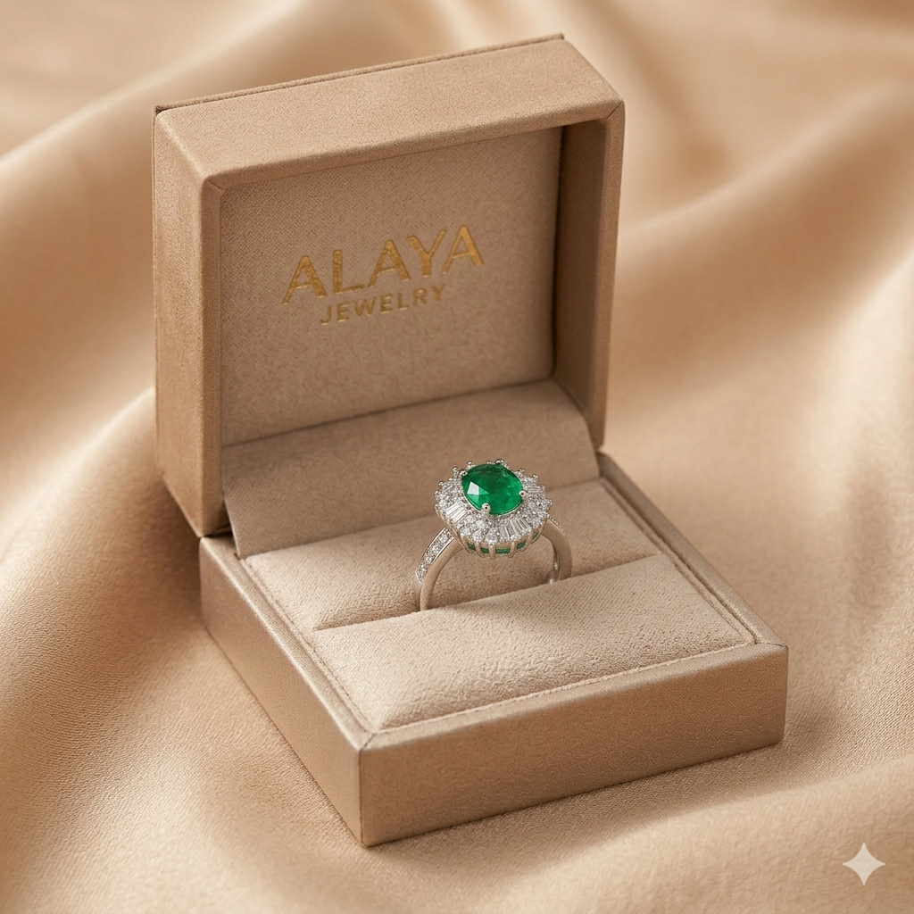 Alaya Royal Emerald Green Halo Ring - Premium Zirconia Stainless Steel