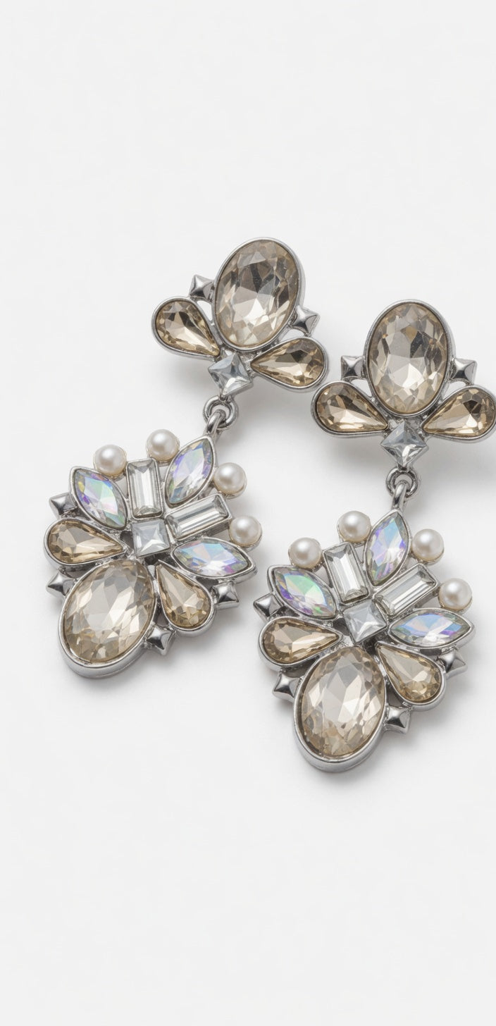 Silver Crystal Pearl Dangle Earrings for Women | Elegant Statement Drop Jewelry