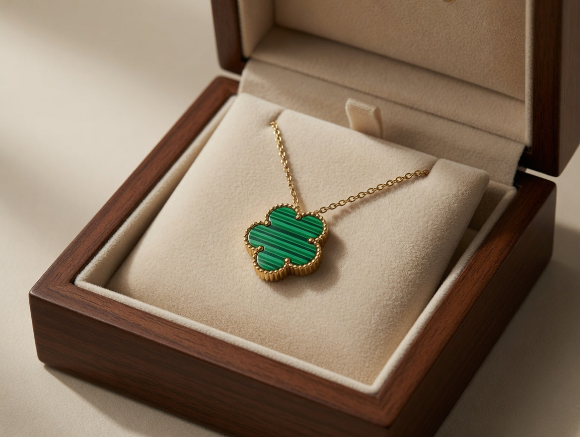 Gold Green Clover Necklace for Women | Four Leaf Clover Pendant with Crystal | Lucky Charm Necklace