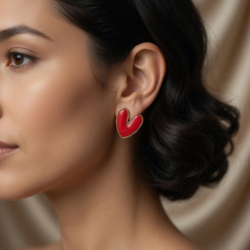 Red Heart Earrings - Gold Plated Stainless Steel | Heart Stud Earrings
