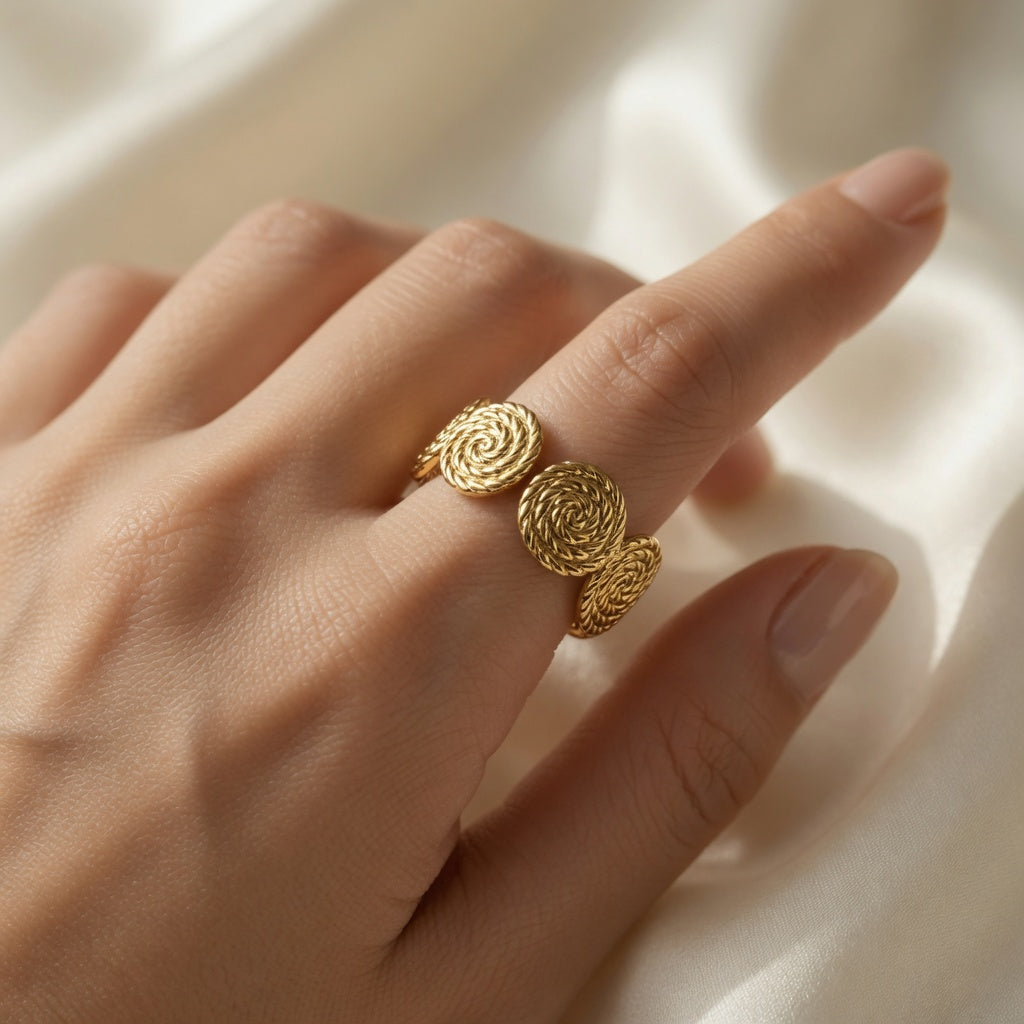 Gold Spiral Textured Statement Ring for Women | Woven Band with Double Swirl Discs | Adjustable Gold Ring