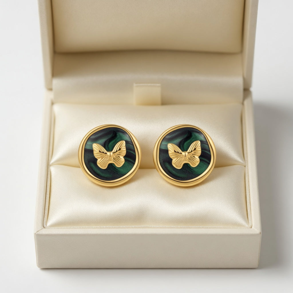 Dark Green Marbled Butterfly Earrings - Gold Plated Stainless Steel Studs