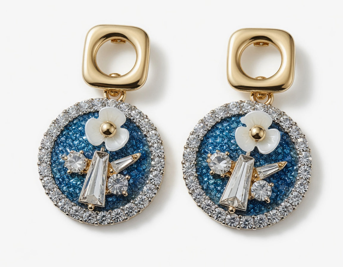 Gold Angel Blue Crystal Pearl Dangle Earrings for Women | Angel Statement Jewelry