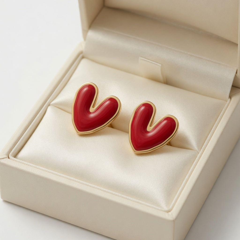 Red Heart Earrings - Gold Plated Stainless Steel | Heart Stud Earrings