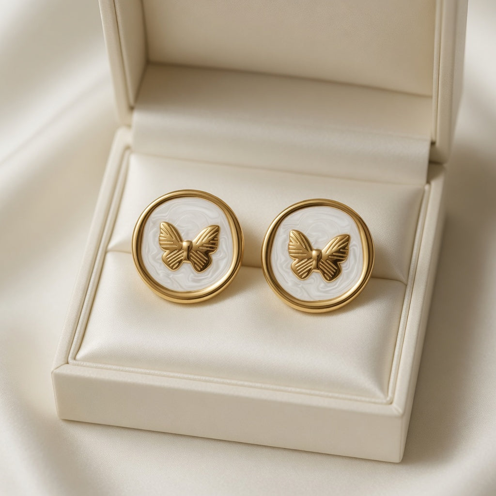 White Butterfly Earrings - Gold Plated Stainless Steel | Marbled Stud Earrings