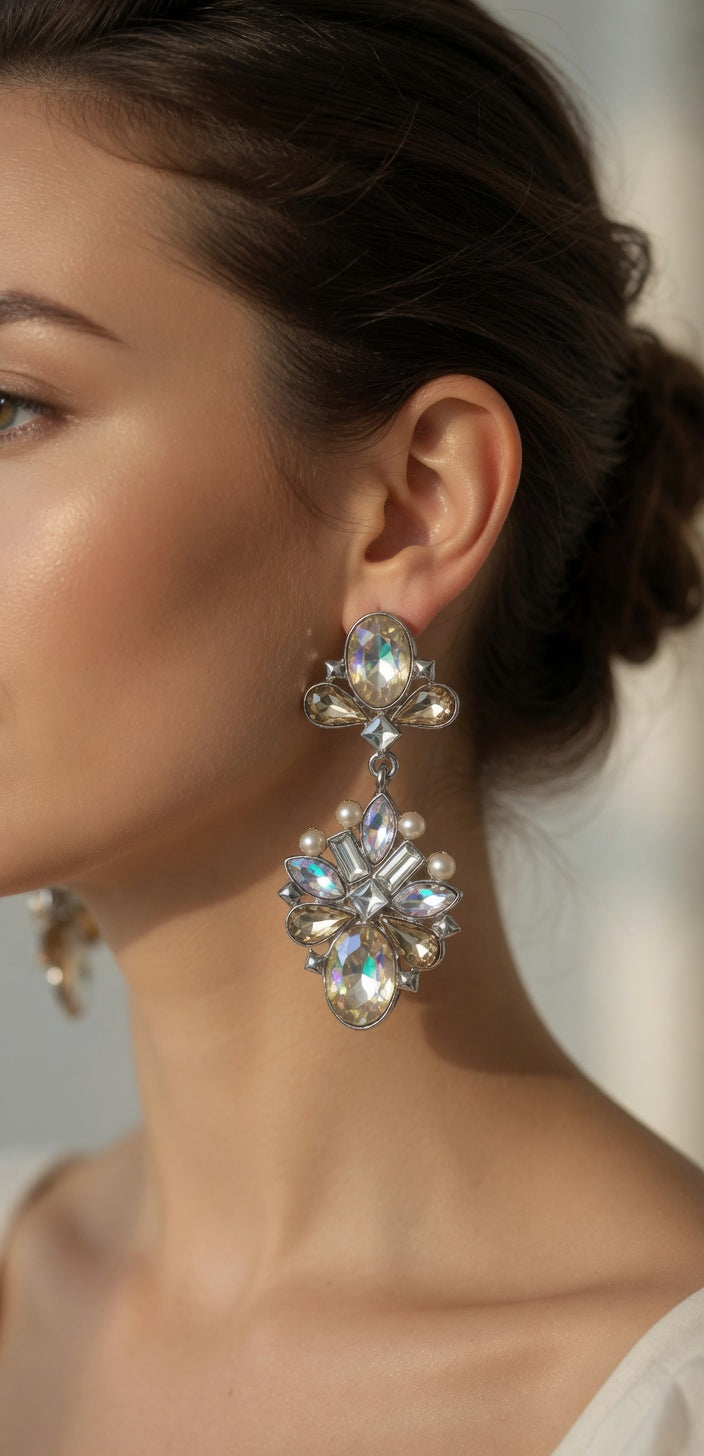 Silver Crystal Pearl Dangle Earrings for Women | Elegant Statement Drop Jewelry