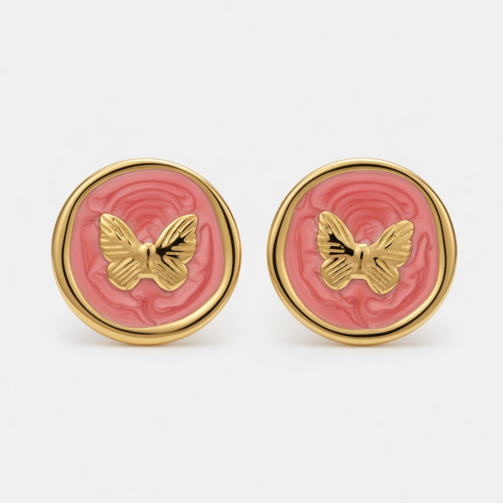 Pink Marbled Butterfly Earrings - Gold Plated Stainless Steel Studs