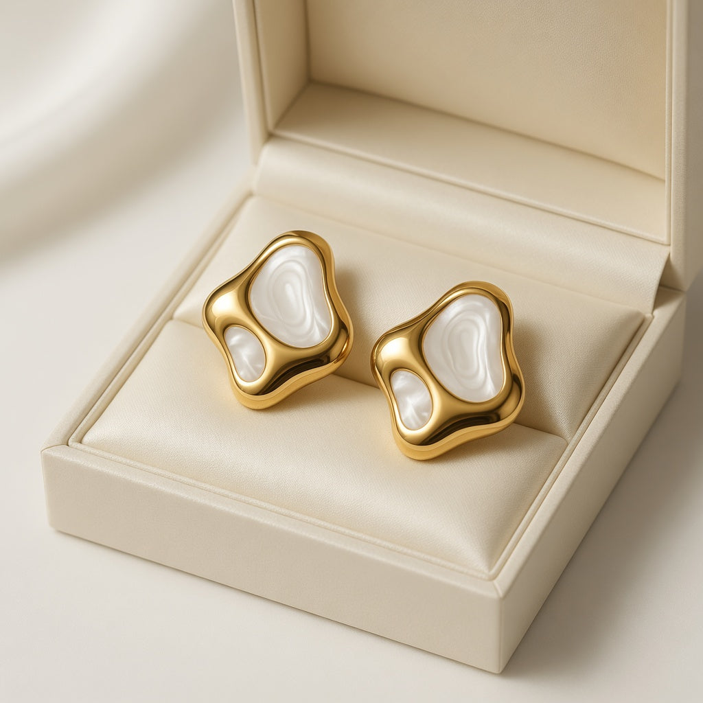 White Irregular Abstract Earrings - Gold Plated Stainless Steel | Modern Stud Earrings