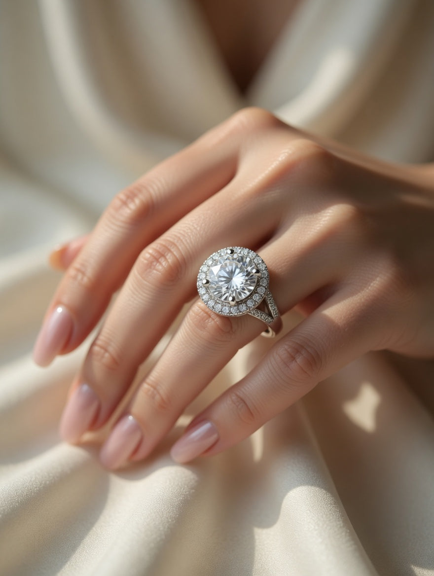Silver Round Halo Ring with Big Center Stone for Women | Sparkling Statement Engagement Ring