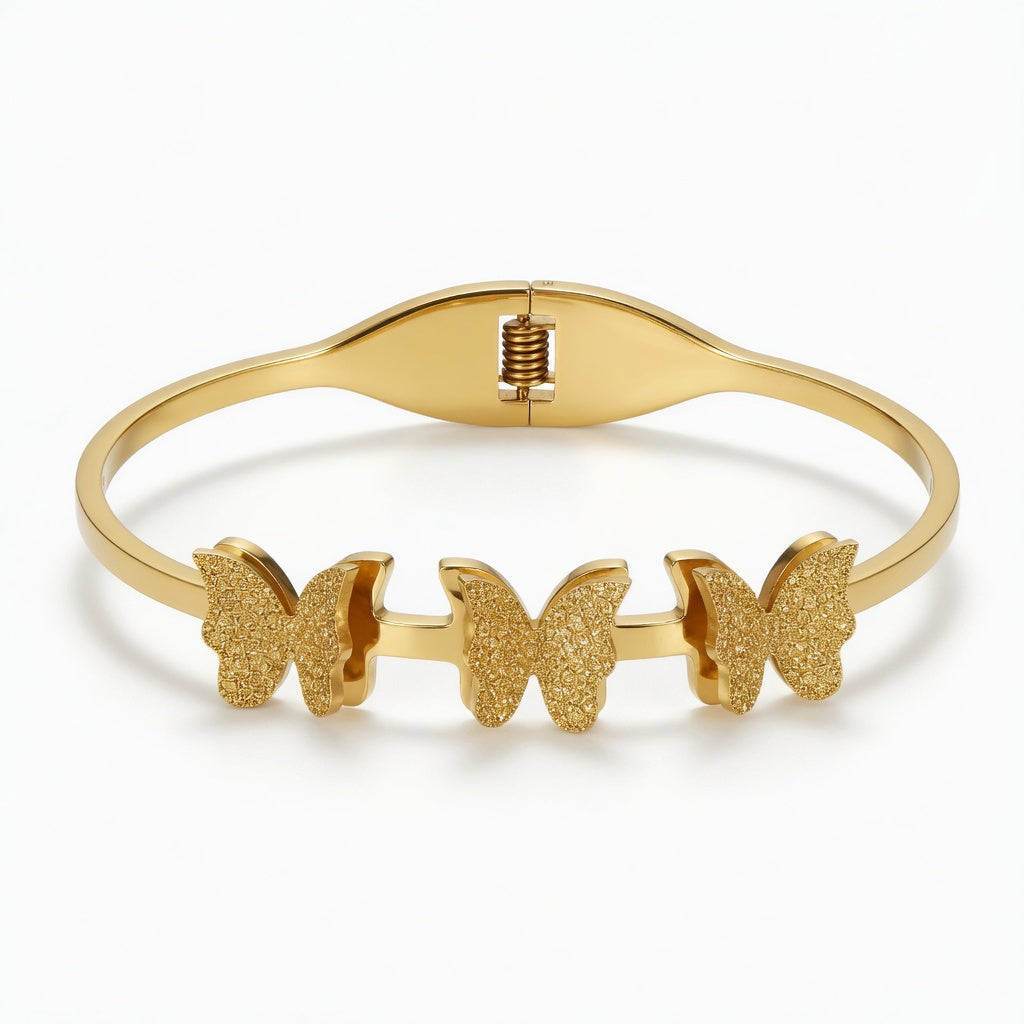 Alaya Triple Butterfly Charm Bangle - 18K Gold Plated Stainless Steel (Anti-Tarnish)