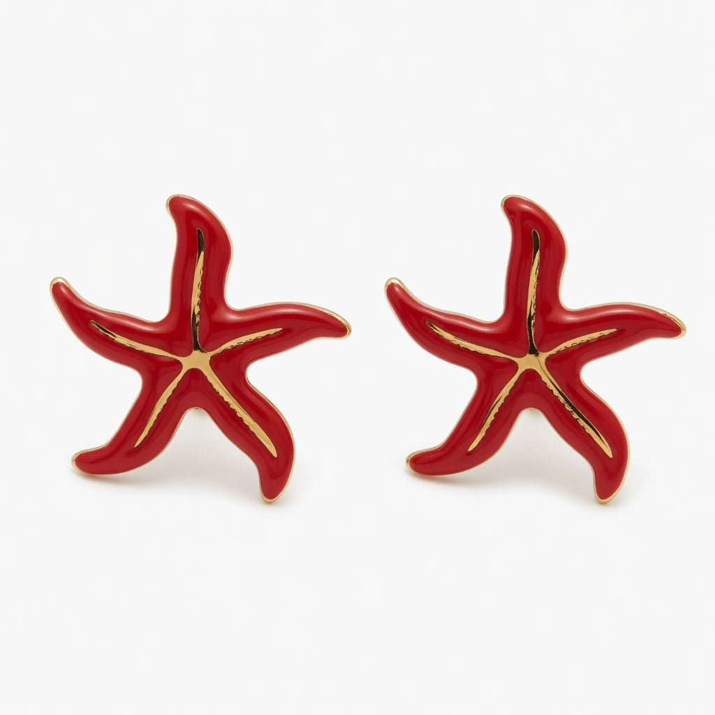 Red Starfish Earrings - Gold Plated Stainless Steel | Beachy Starfish Studs
