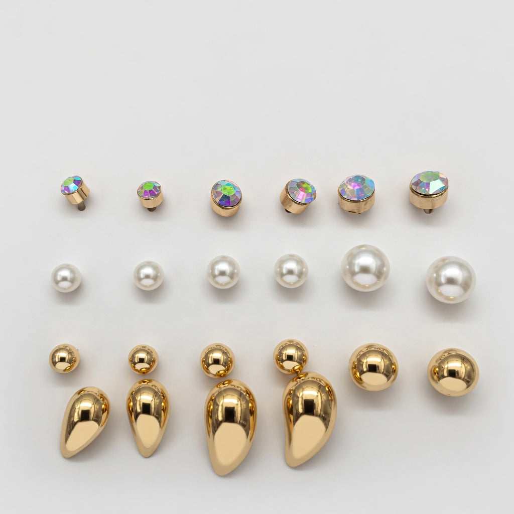 9 Pair Mixed Stud Earrings Set for Women – Crystal, Pearl & Gold Teardrop Studs | Stainless Steel Variety Pack