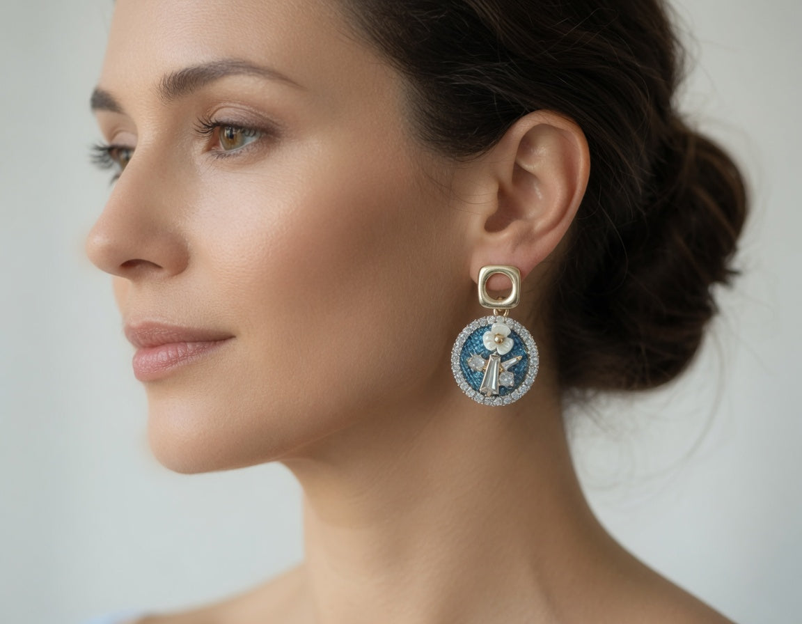 Gold Angel Blue Crystal Pearl Dangle Earrings for Women | Angel Statement Jewelry