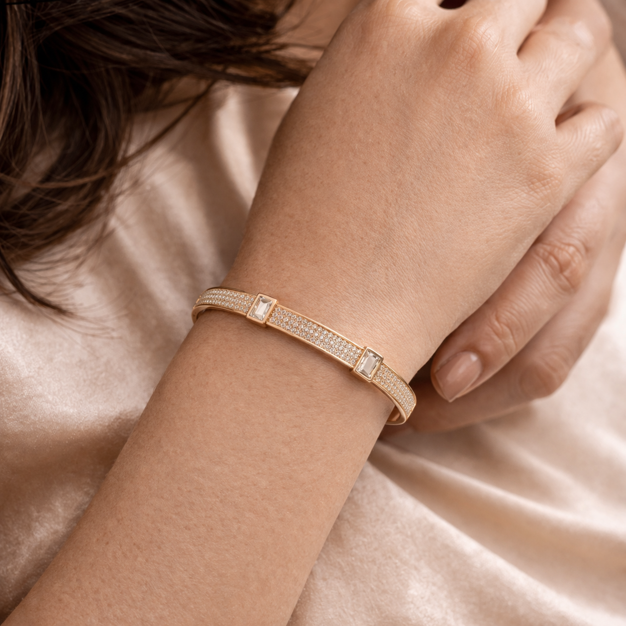 Alaya Luxury Baguette Stone Bangle - 18K Gold Plated Stainless Steel (Anti-Tarnish)