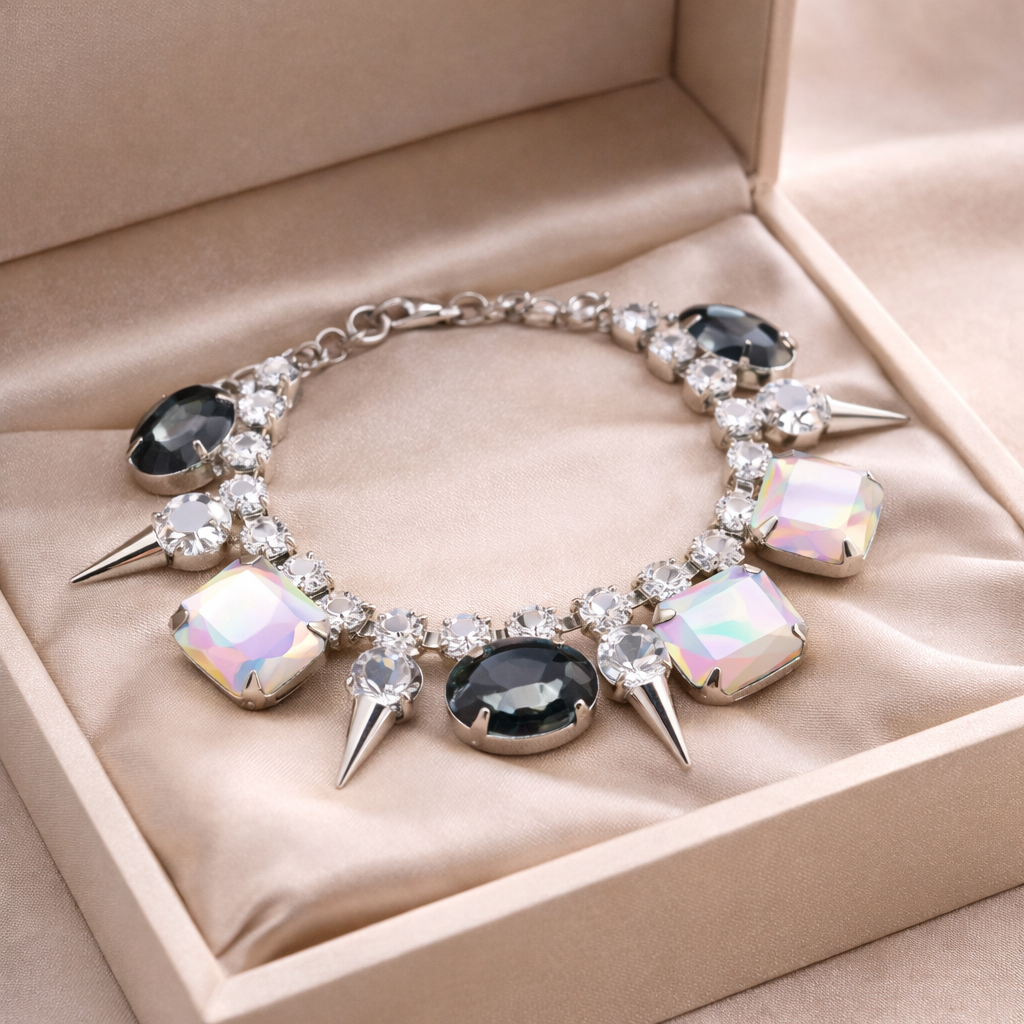 Crystal statement charm bracelet with black and iridescent stones