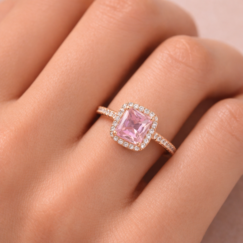 Rose Gold Halo Pink Stone Ring
