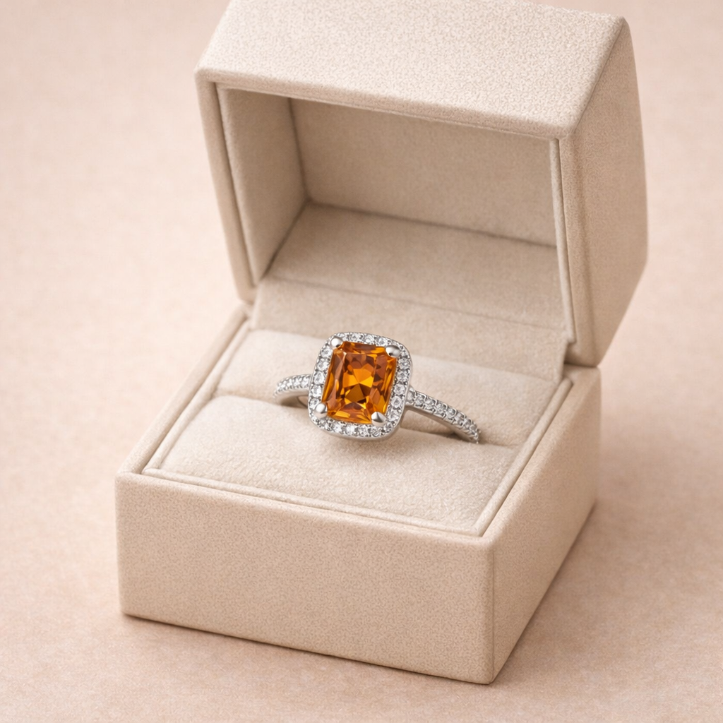 Silver Halo Amber Stone Ring