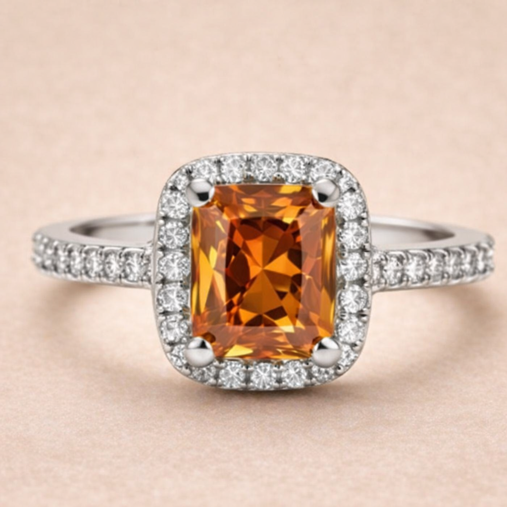 Silver Halo Amber Stone Ring