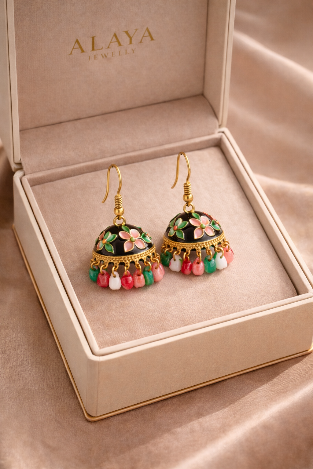 Meher Petite Antique Gold Jhumkis with Soft Pink Beads