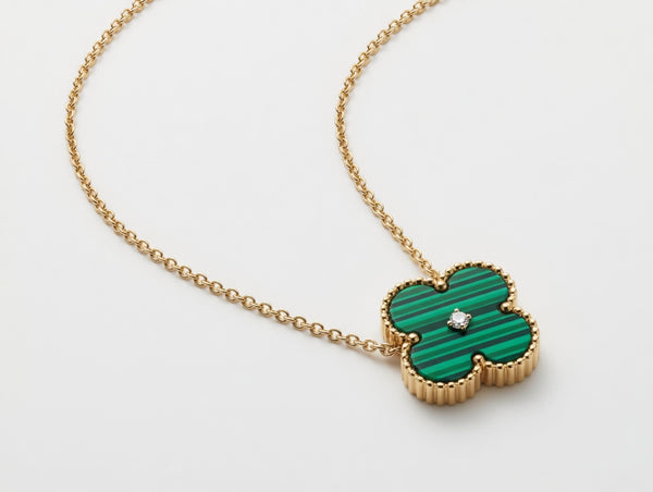 Gold Green Clover Necklace for Women | Four Leaf Clover Pendant with Crystal | Lucky Charm Necklace