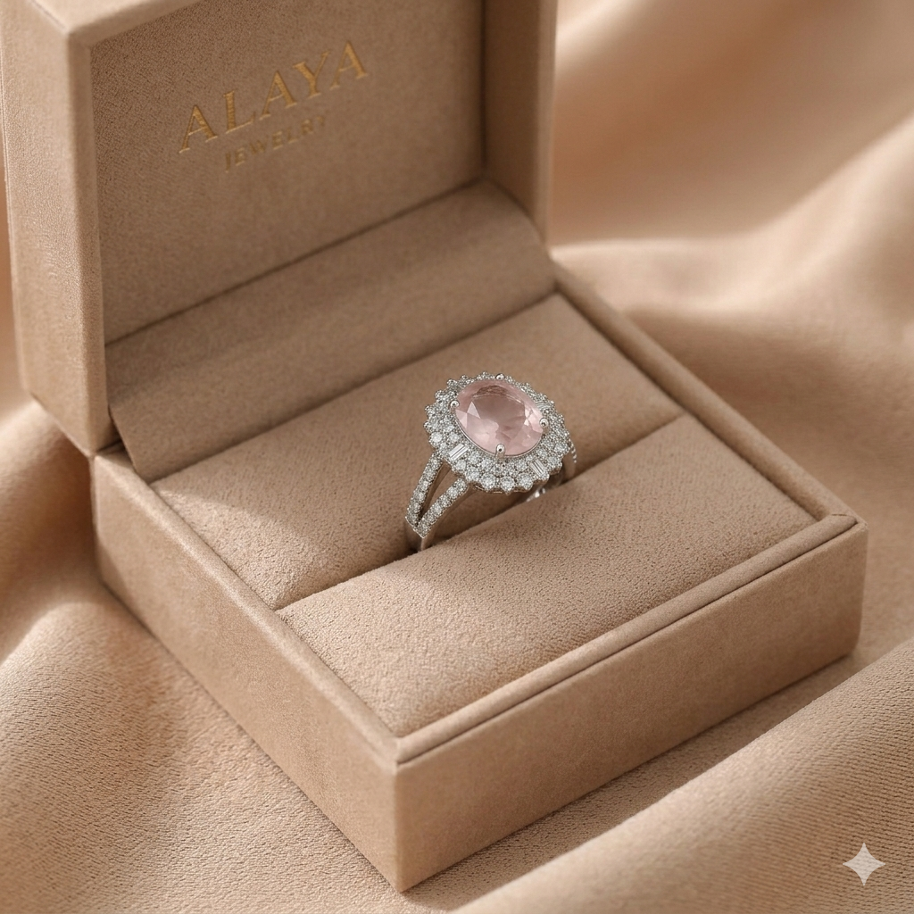 Alaya Luxury Rose Quartz Oval Ring - Premium Zirconia & Stainless Steel