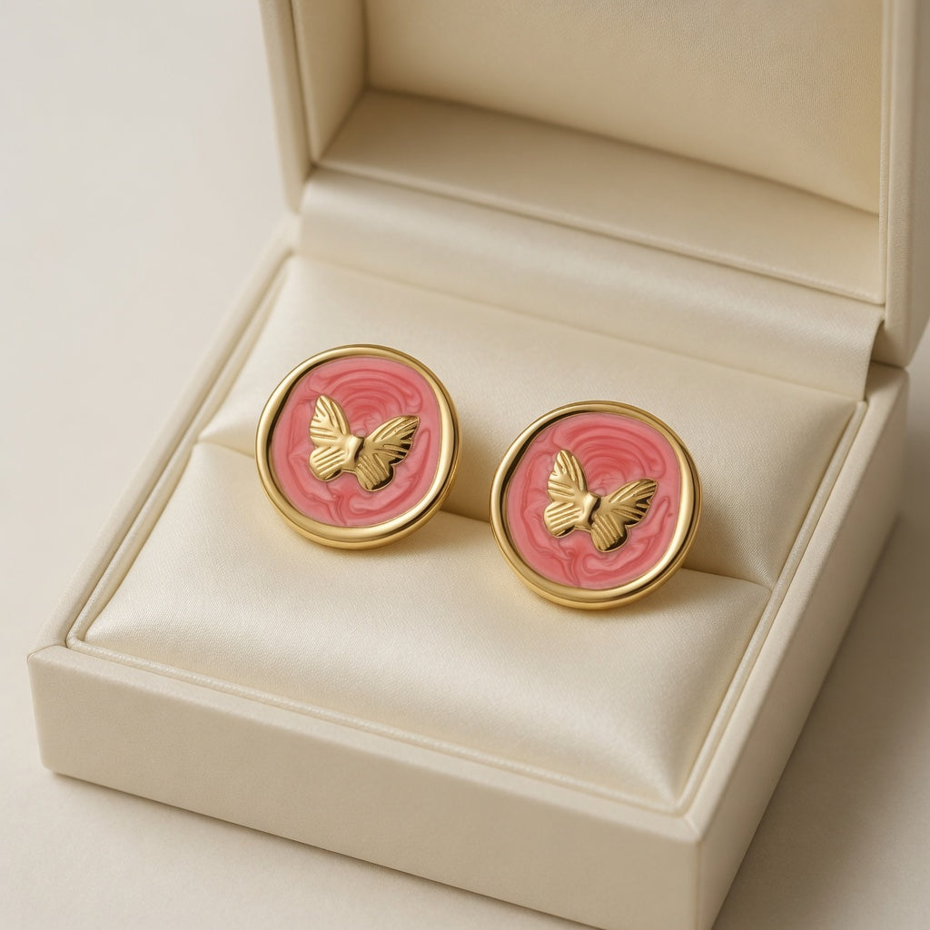 Pink Marbled Butterfly Earrings - Gold Plated Stainless Steel Studs