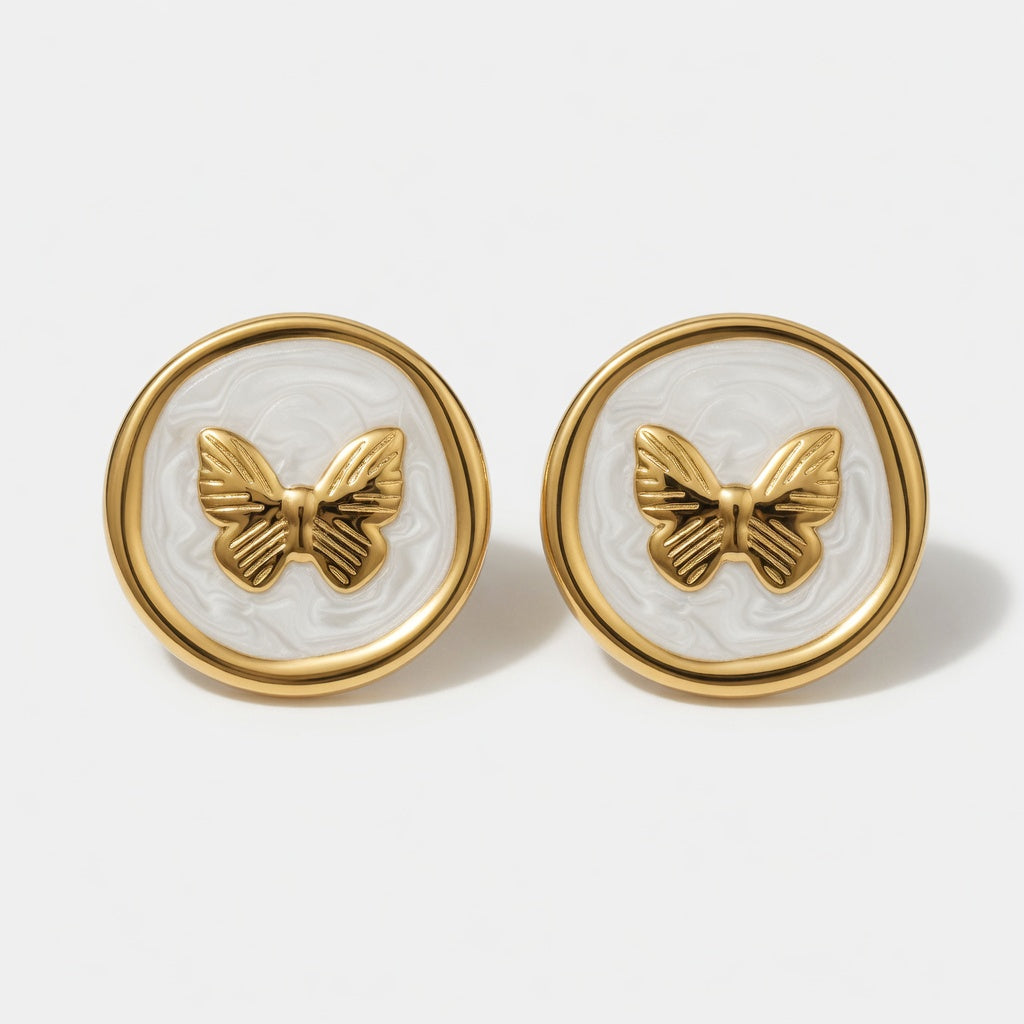 White Butterfly Earrings - Gold Plated Stainless Steel | Marbled Stud Earrings