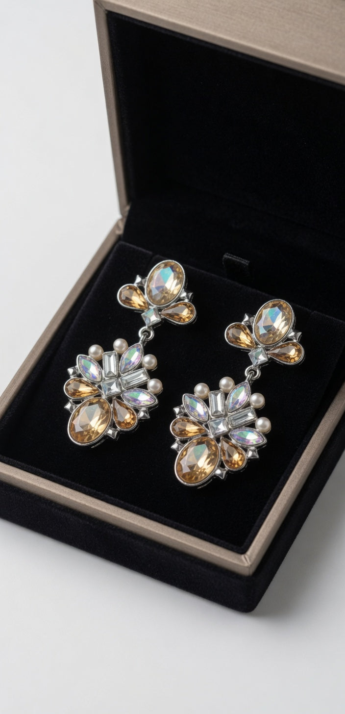 Silver Crystal Pearl Dangle Earrings for Women | Elegant Statement Drop Jewelry