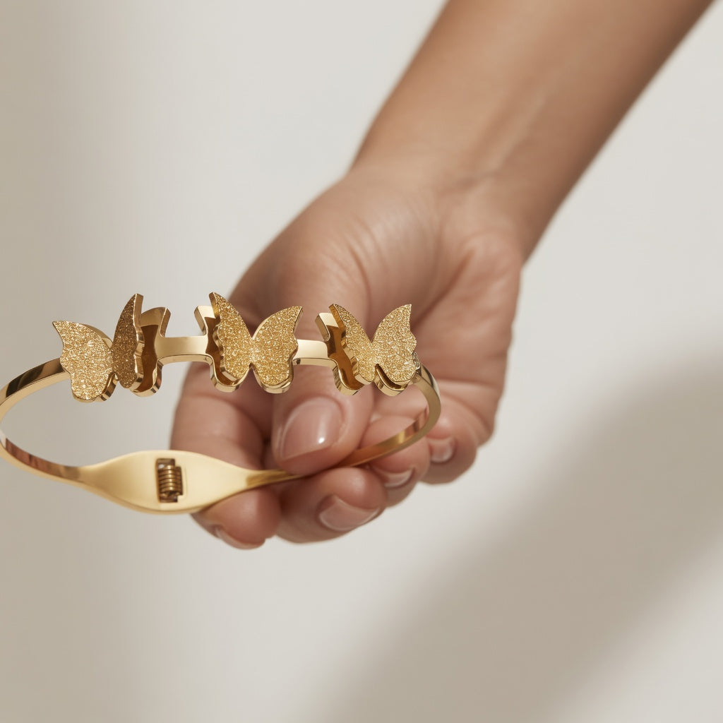 Alaya Triple Butterfly Charm Bangle - 18K Gold Plated Stainless Steel (Anti-Tarnish)