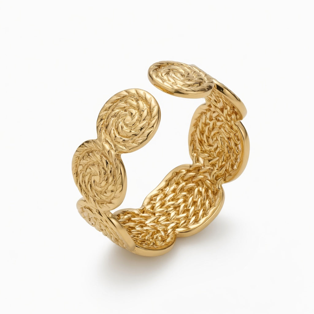 Gold Spiral Textured Statement Ring for Women | Woven Band with Double Swirl Discs | Adjustable Gold Ring