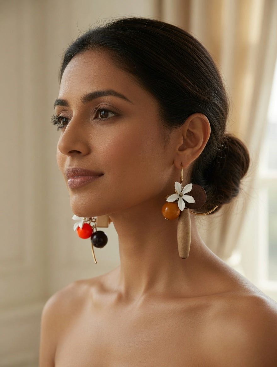 Boho Mixed Bead Hoop Earrings for Women | Colorful Flower Wooden Bead Dangle Earrings