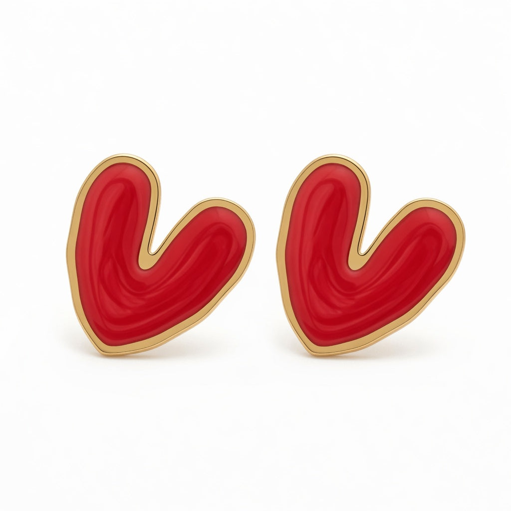 Red Heart Earrings - Gold Plated Stainless Steel | Heart Stud Earrings