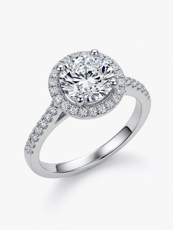 Silver Round Halo Ring with Big Center Stone for Women | Sparkling Statement Engagement Ring