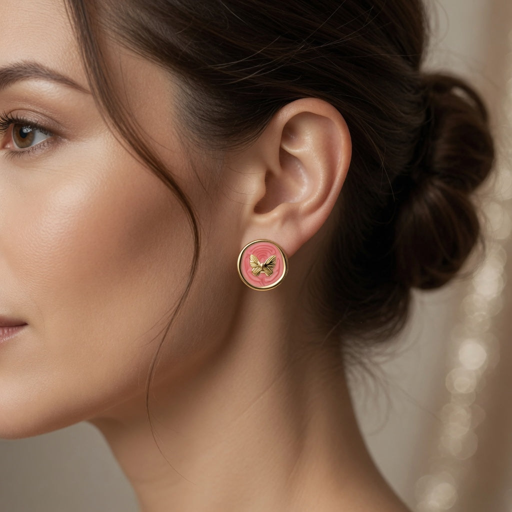 Pink Marbled Butterfly Earrings - Gold Plated Stainless Steel Studs