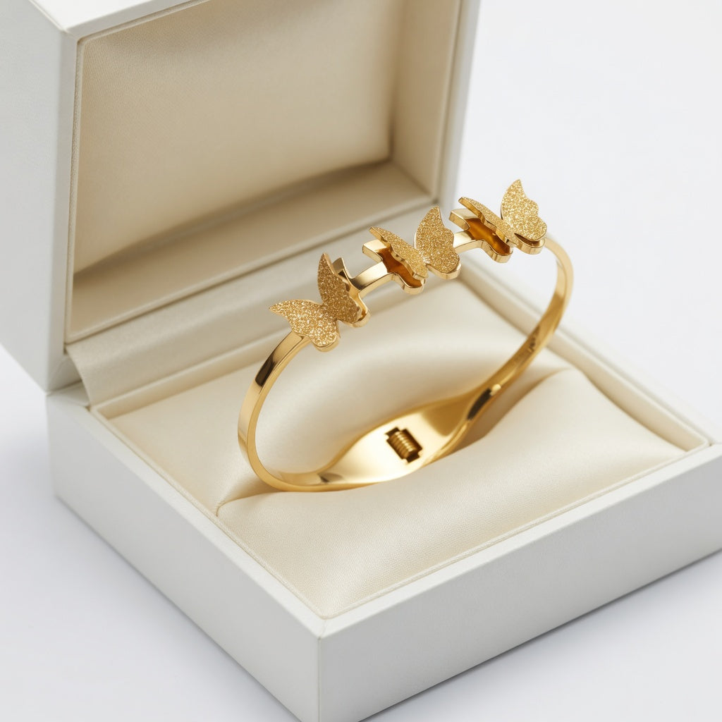 Alaya Triple Butterfly Charm Bangle - 18K Gold Plated Stainless Steel (Anti-Tarnish)