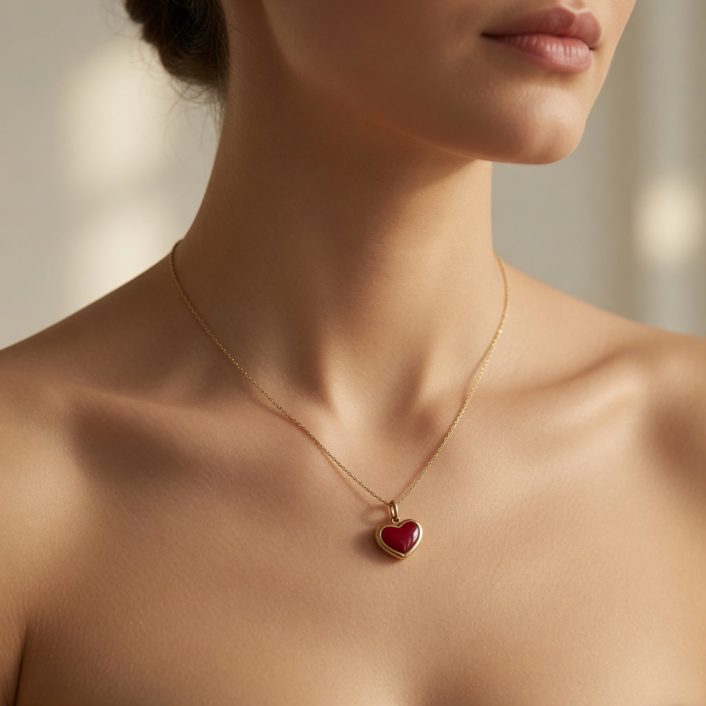 Gold Red Heart Pendant Necklace for Women | Dainty Small Heart Necklace | Minimalist Gold Necklace