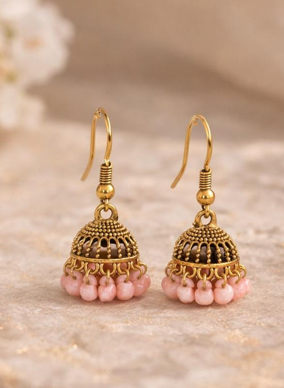 Meher Petite Antique Gold Jhumkis with Soft Pink Beads