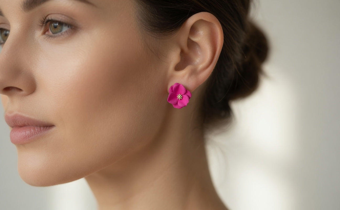 Bright Pink Flower Earrings for Women | Cute Floral Stud Earrings with Gold Center
