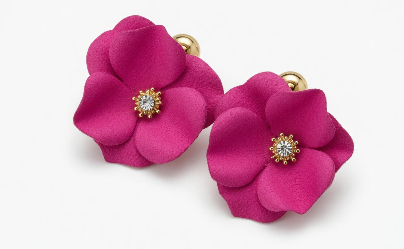 Bright Pink Flower Earrings for Women | Cute Floral Stud Earrings with Gold Center