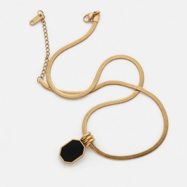 Gold Snake Chain Black Octagon Pendant Necklace for Women | Dainty Small Black Pendant | Minimalist Gold Necklace